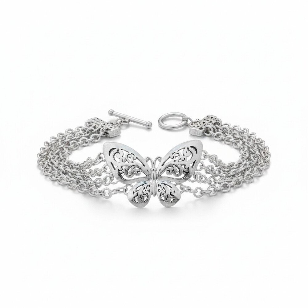 Multi Chain Filigree Butterfly Bracelet Silver Tone Vintage 7.5”